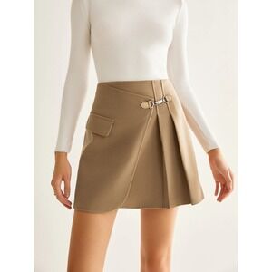 Commense Chic Tan Wrap Mini Skirt Buckle Detail Pleated A Line Casual‎ Office XS